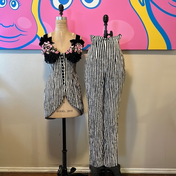 IDOL Other - IDOL Black White Striped Velvet Corset Top and Pants Set